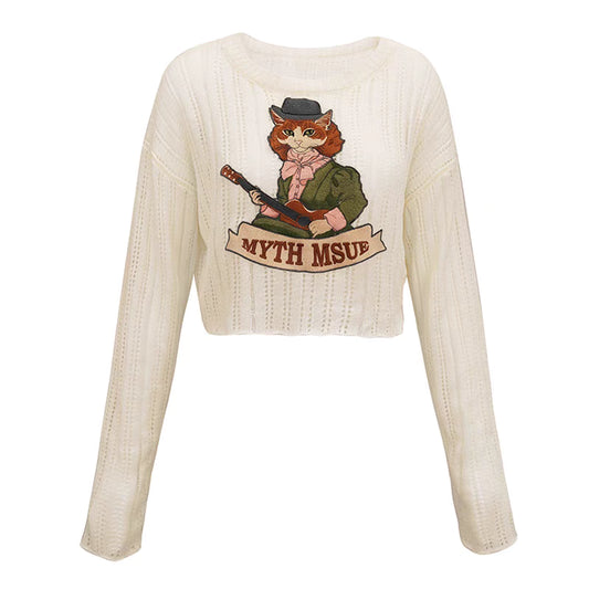 cat embroidered round neck slim cropped top