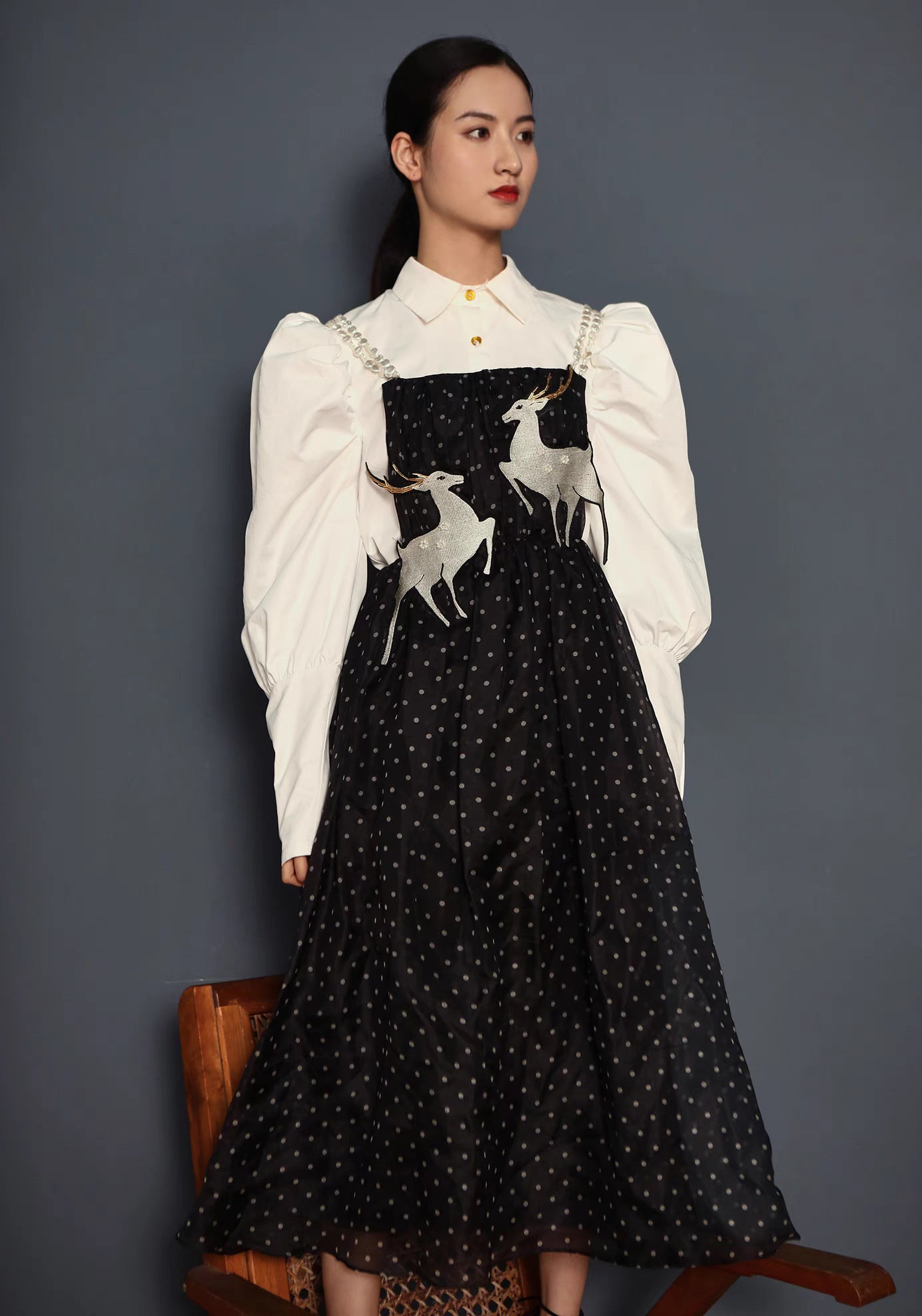 deer embroidered suspender skirt black and white polka dot dress