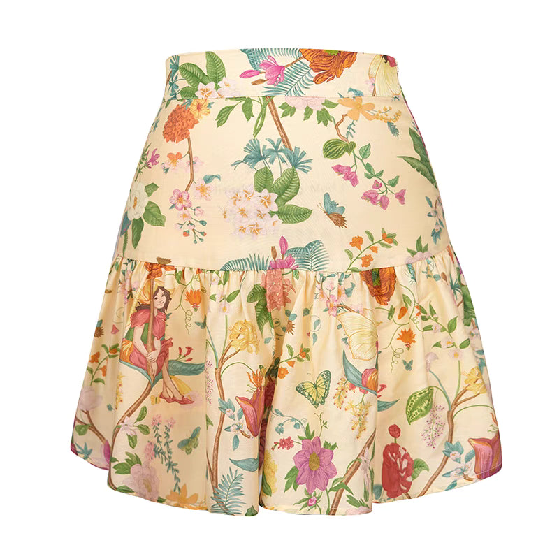 printed elastic waist pleated sweet short skirt
