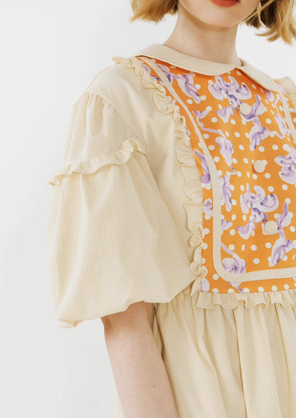polka dot floral print puff sleeves dress