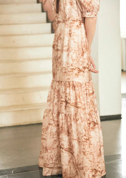 red and brown smudged print lace-up elegant long dress 
