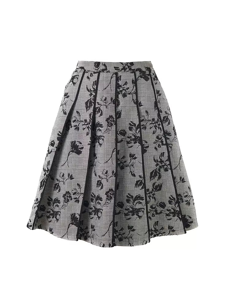 rose plaid jacquard pleated skirt mid-length skirt 