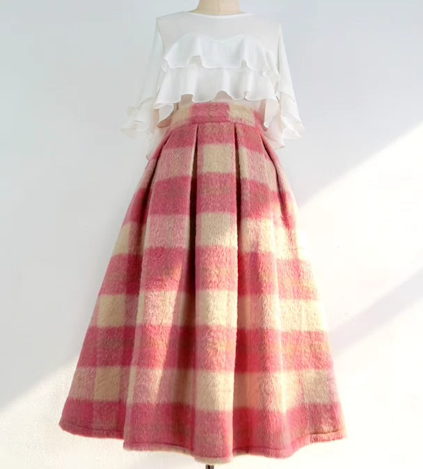 pink plaid woolen A-type high-waisted skirt 