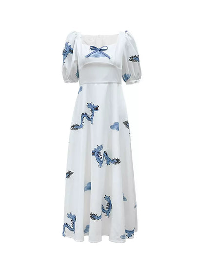 Blue Dragon Cloud Print Short Sleeve Long Dress 