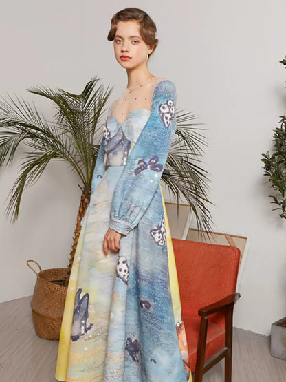 Blue butterfly print long sleeve dress