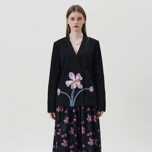 black collarless hand-painted flower patch suit 