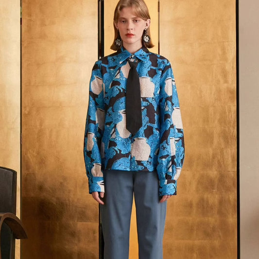 blue cat and vase print tie long-sleeved shirt