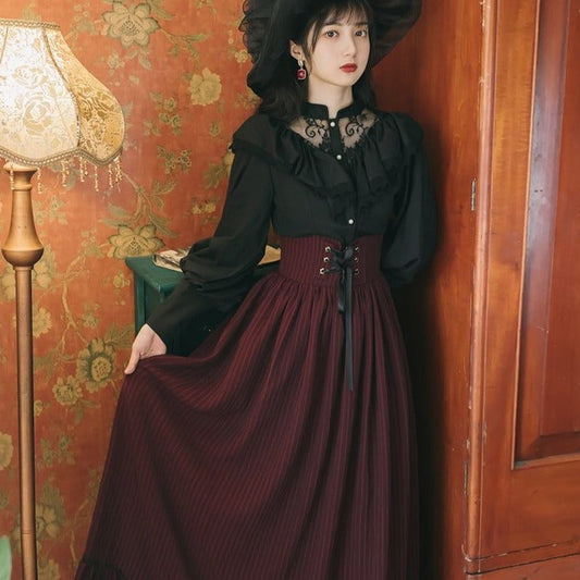 Sheer lace black blouse &amp; corset long skirt setup