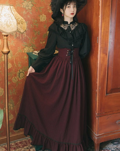 Sheer lace black blouse & corset long skirt setup