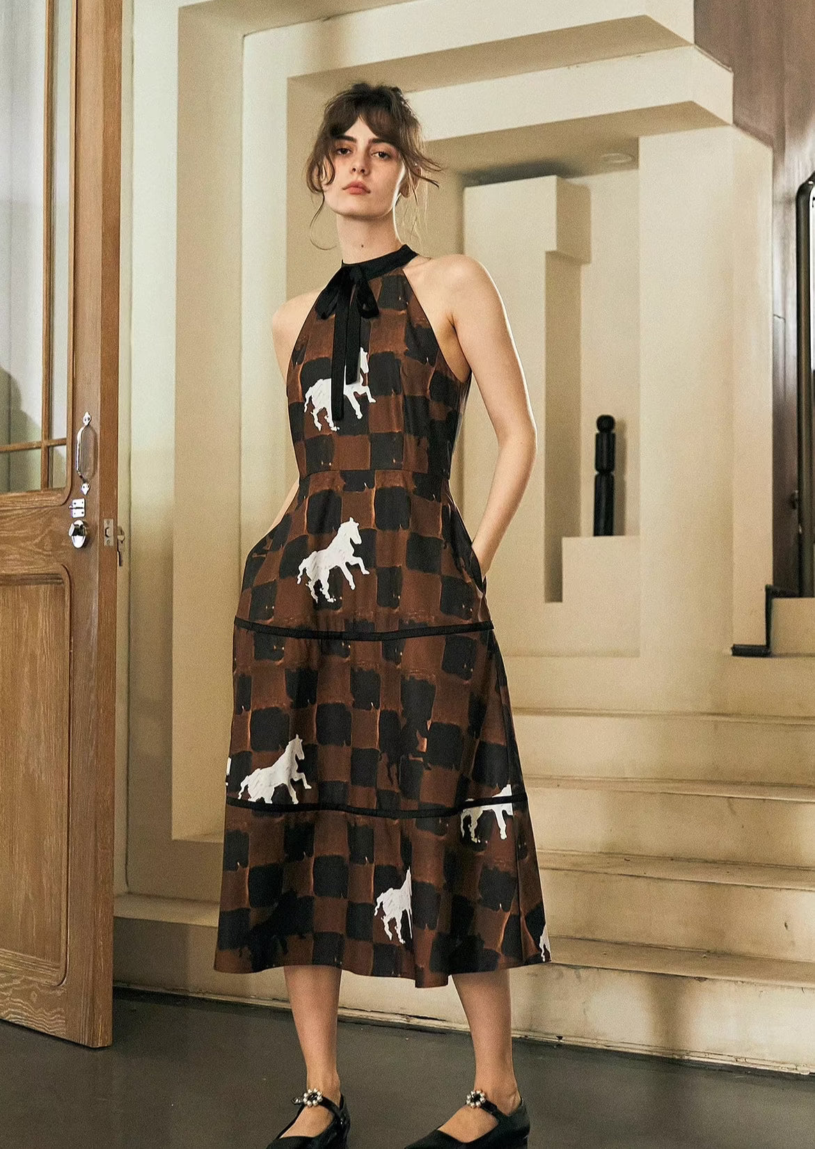 checkerboard pony print sleeveless long dress