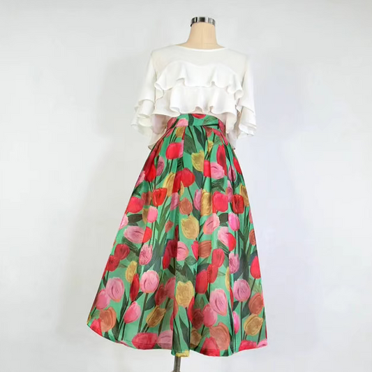 tulip printed high-waist Hepburn style skirt