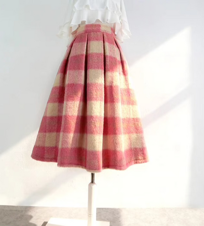 pink plaid woolen A-type high-waisted skirt