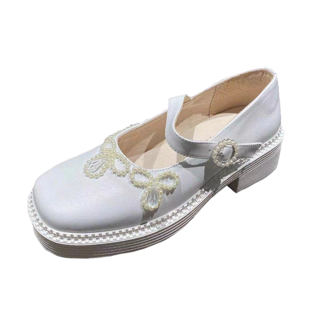 pearl decorated Mary Jane leather shoes