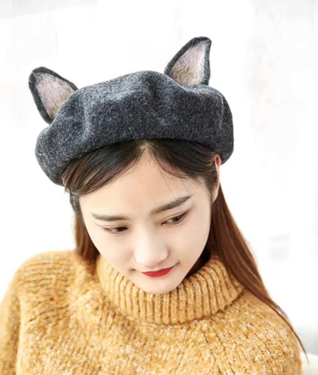 Wool Felt Dark Linen Gray Cat Ears Beret