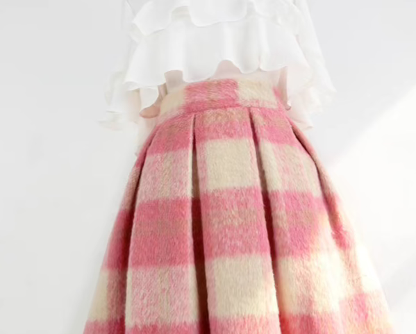 pink plaid woolen A-type high-waisted skirt 