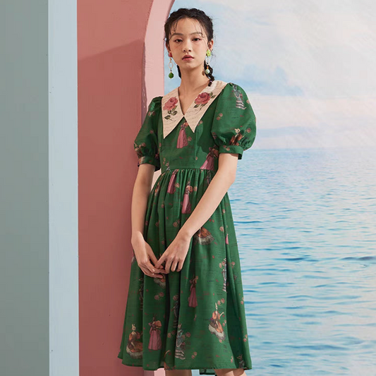 puff-sleeved green field elf cat series dress
