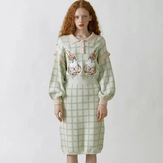 pink and green rabbit long-sleeved knitted dress 