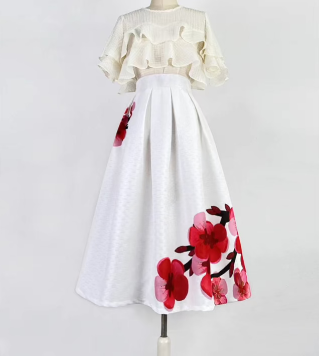 red plum blossom mid-length A-line skirt 