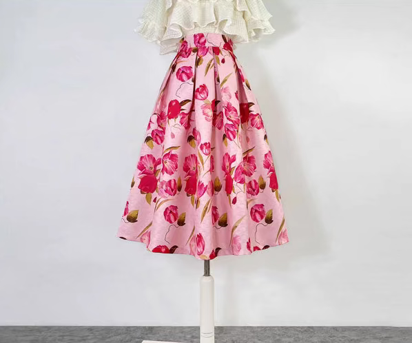 pink Hepburn elegant printed high-waisted puffy skirt