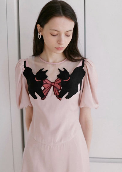 pink bow dog embroidery dress 