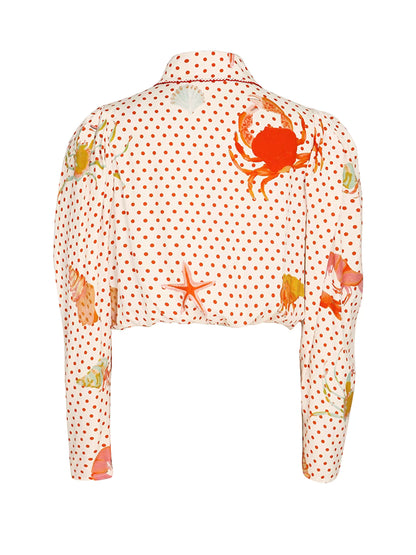 contrasting lace collar puff-sleeved holiday style crab shirt