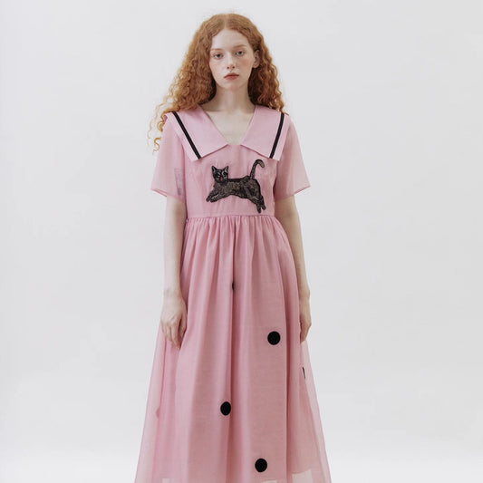 original cat polka dot preppy lapel dress