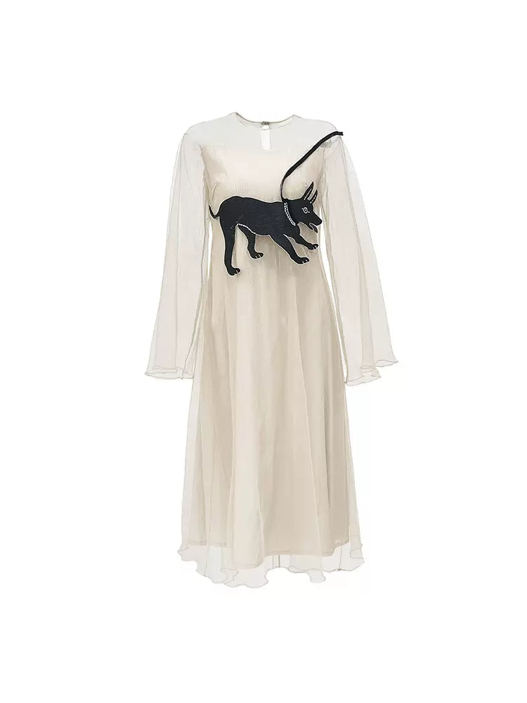 dog embroidered bell sleeve tulle dress