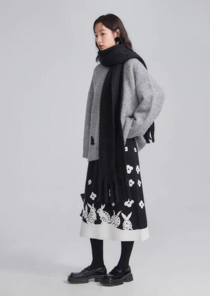 Rabbit jacquard elastic waist A-line woolen knitted skirt 
