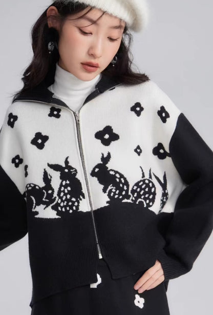rabbit artistic jacquard wool knitted cardigan 