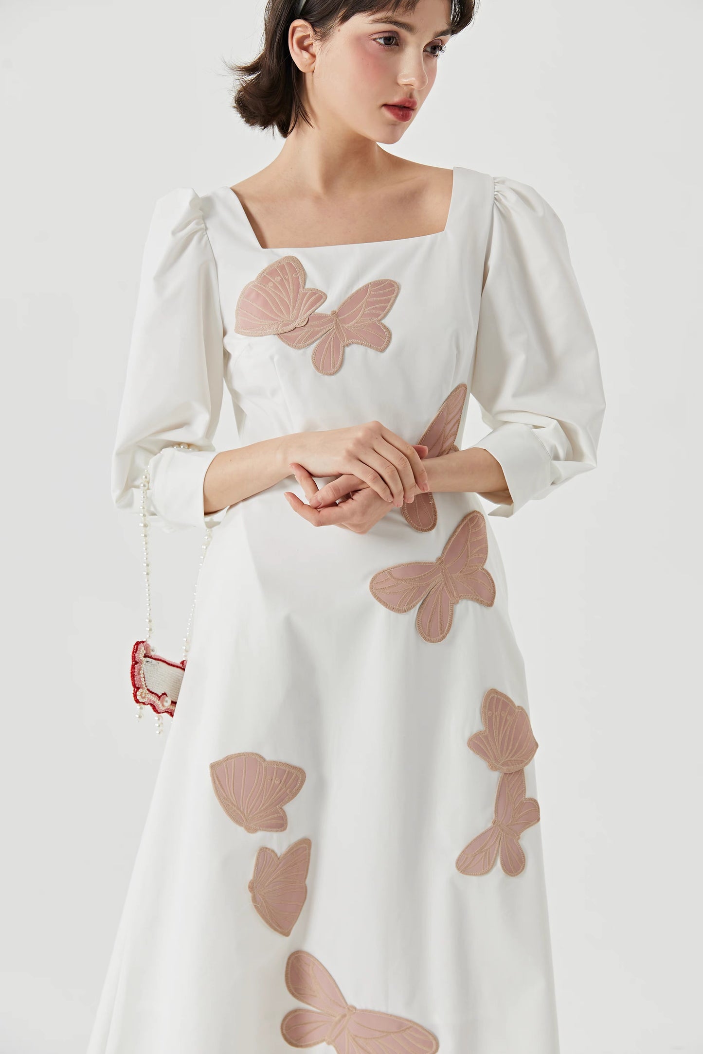 pink butterfly embroidered square collar temperament dress