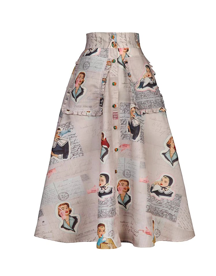Girl Character Print High Waist Umbrella Skirt