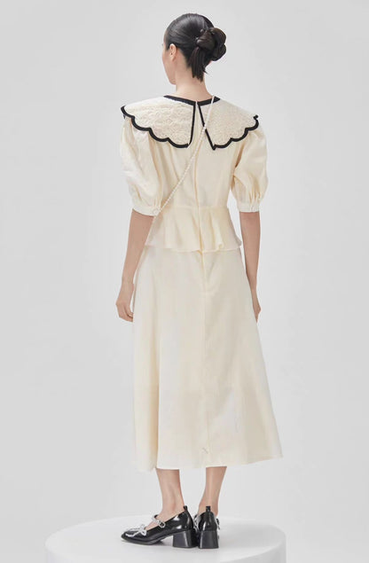 beige jacquard embroidered lapel waist dress 