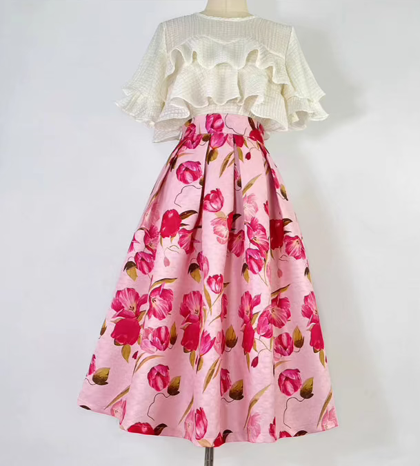 pink Hepburn elegant printed high-waisted puffy skirt 