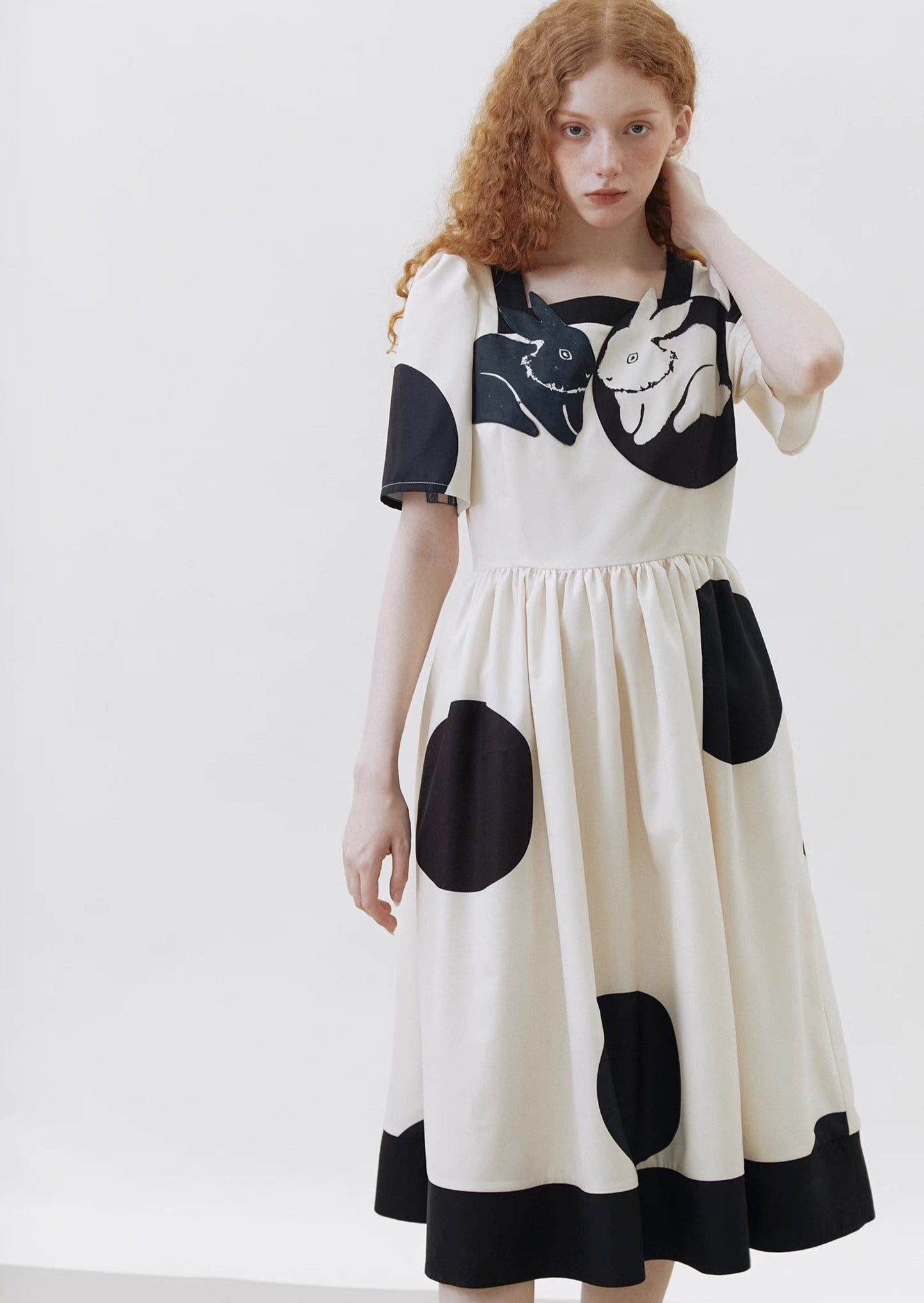 Rabbit French style contrasting print dress