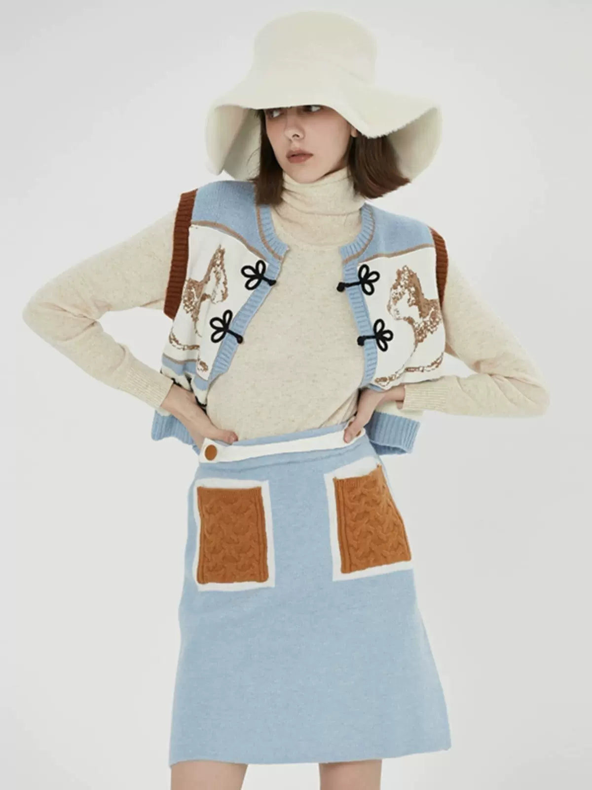 retro contrast pocket designer brand knitted skirt 