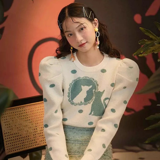 puff sleeves white cat jacquard short knitted tops