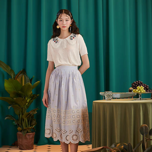 fresh hollow embroidered literary skirt