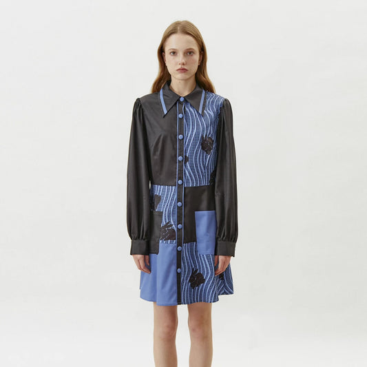 blue and black wave pattern splicing print dress 
