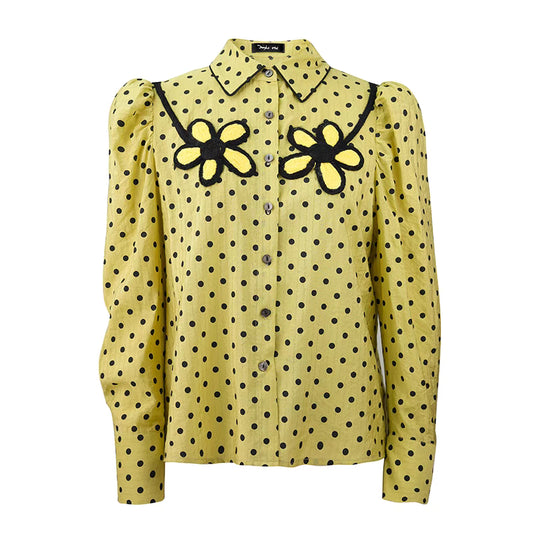 polka dot printed daisy patch embroidered straight shirt 