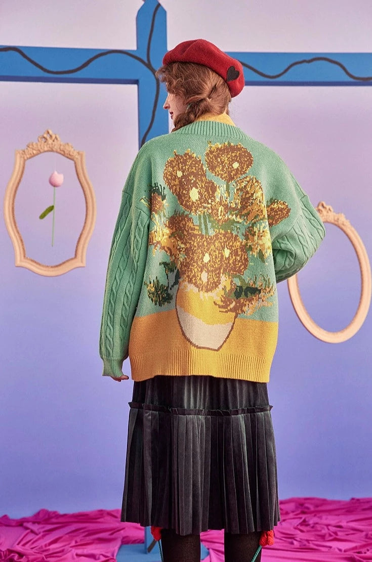ゴッホの自画像と花瓶の向日葵のセーターカーディガン
