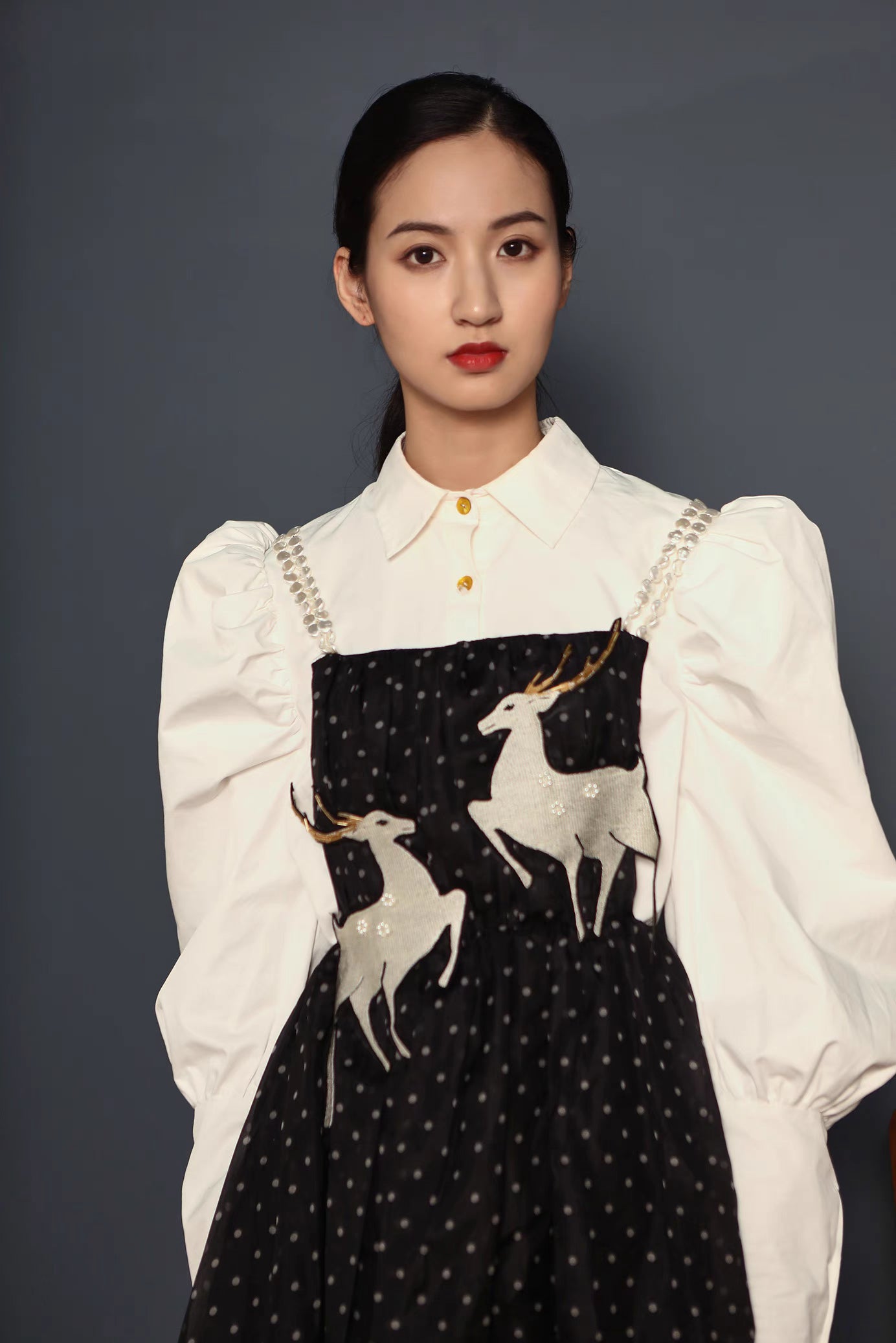 deer embroidered suspender skirt black and white polka dot dress