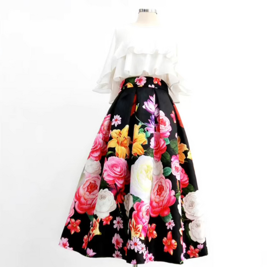 colorful flower-painted puffy belly-covering skirt 