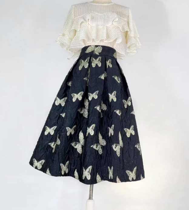 Butterfly retro embroidered high-waisted A-line fluffy skirt 