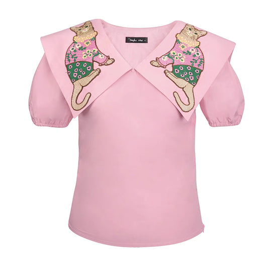 Cute Cat Embroidered Puff Sleeve Pink Short Top 