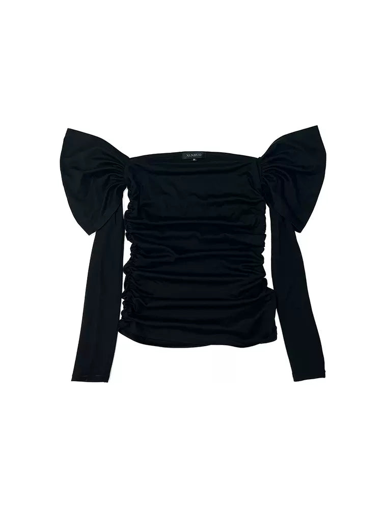 black pleated pile sleeve one-shoulder T-shirt 