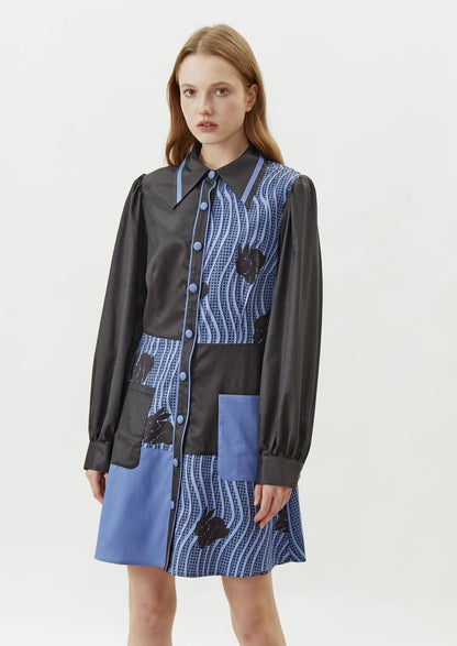 blue and black wave pattern splicing print dress