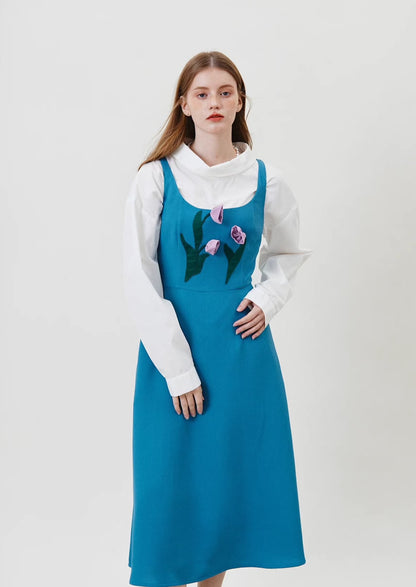 turquoise blue three-dimensional handmade flower vest dress