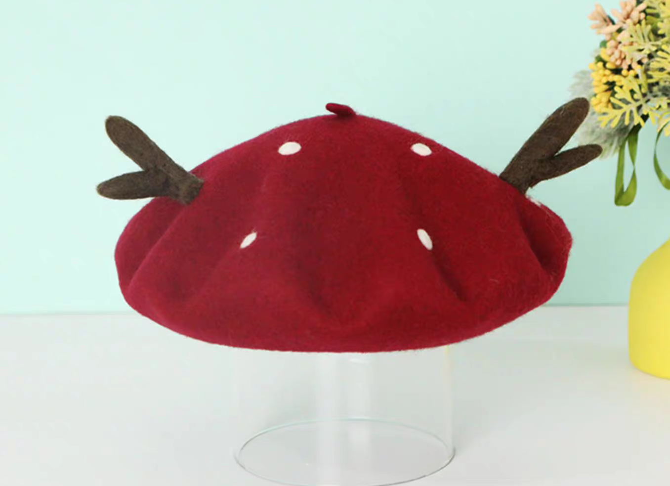 wool polka dot Christmas deer antler beret