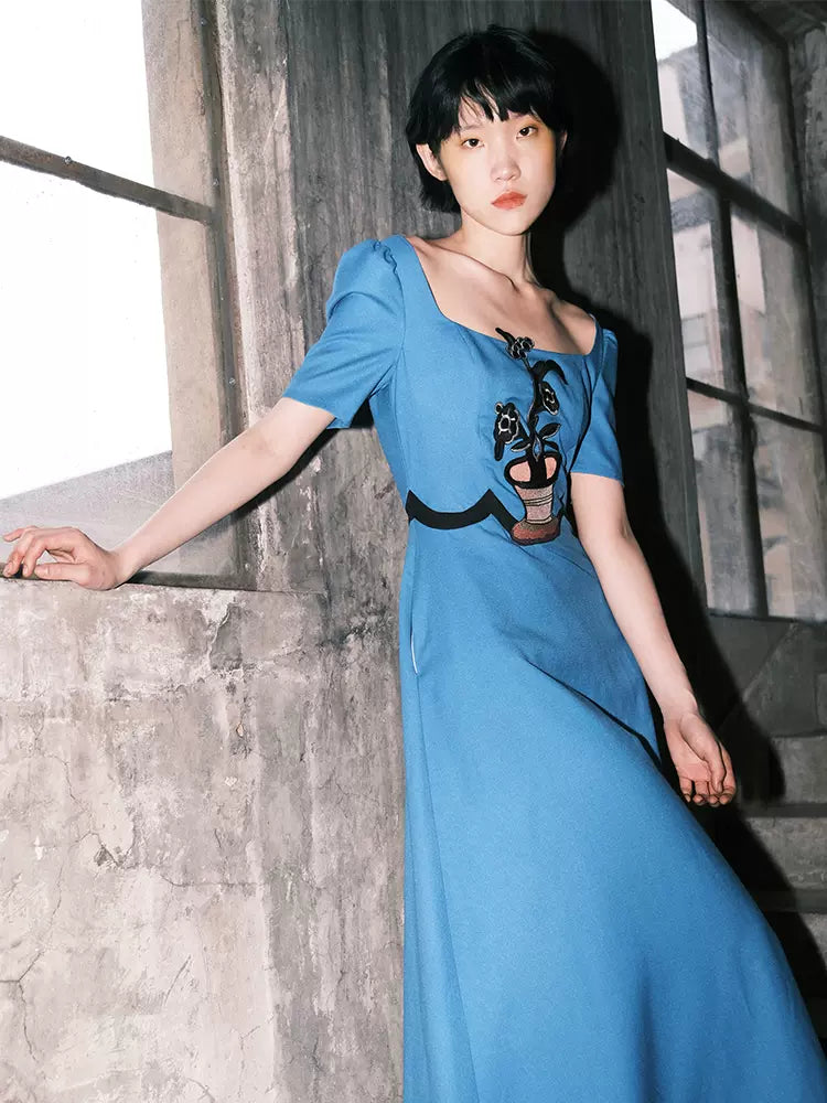 blue square collar long dress 