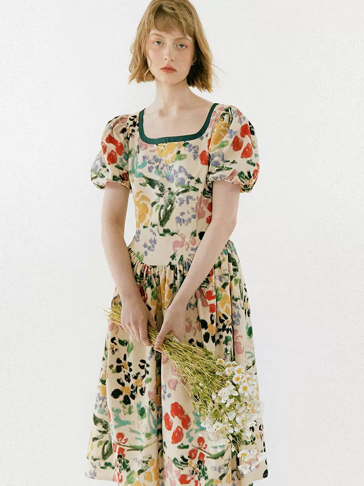 Yellow and Green Floral Puff Sleeve Dress 